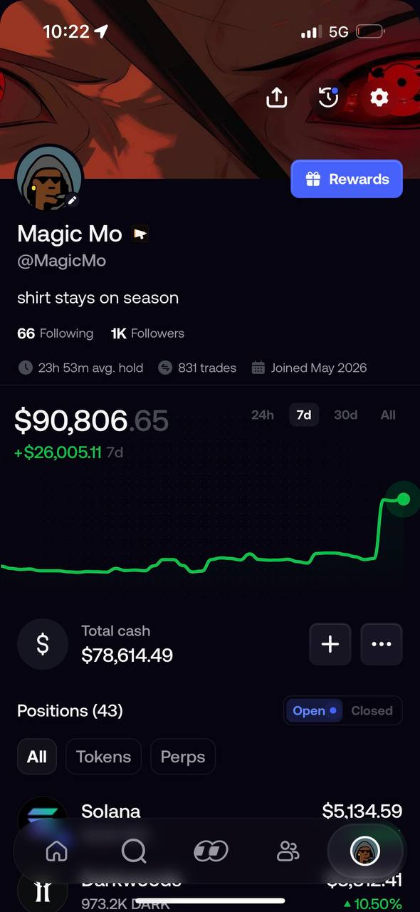 Mo's fomo profile showing a $90,806 portfolio, up $26,005 over 7 days